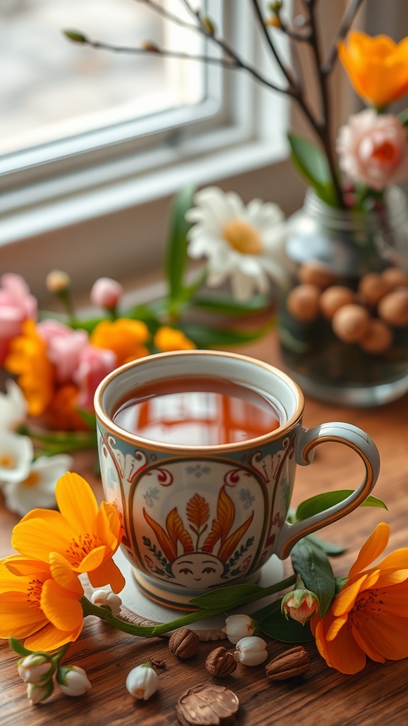 A cup of herbal tea surrounded by spring flowers and nuts on a wooden table.