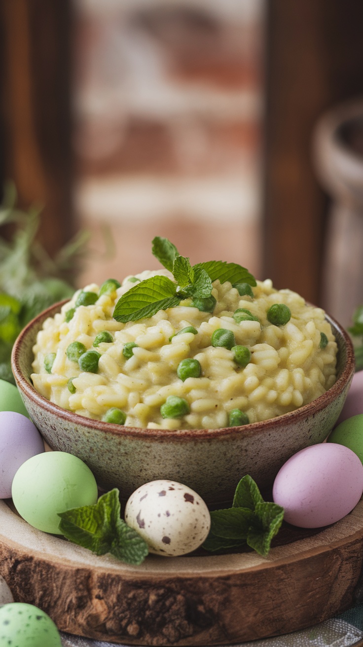 A bowl of spring pea and mint risotto topped with fresh mint leaves, surrounded by colorful eggs.