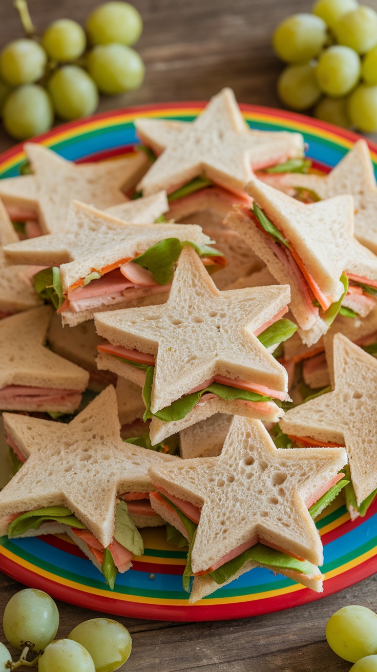 A plate of star-shaped sandwiches with various colorful fillings.