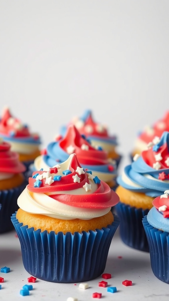 Colorful cupcakes with red, white, and blue frosting topped with star-shaped decorations