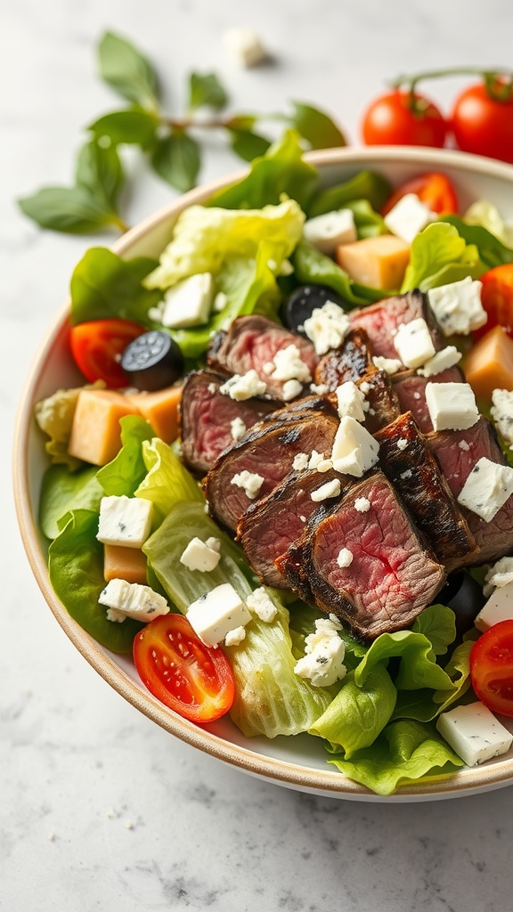 A bowl of steak and blue cheese salad with greens, tomatoes, and olives.