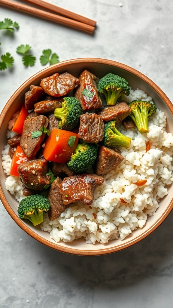 A bowl of steak and broccoli stir-fry with rice and colorful vegetables