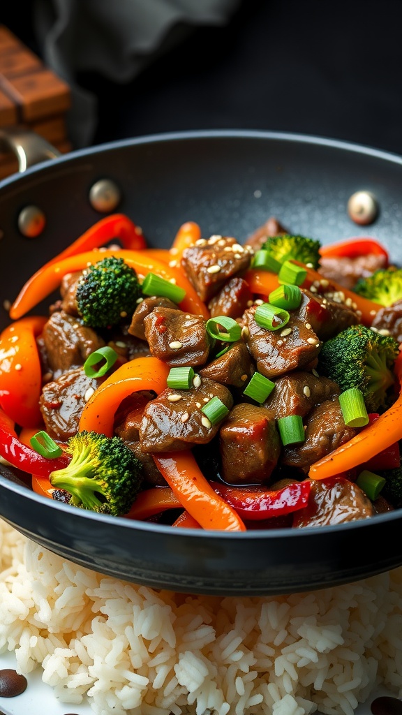 A colorful steak and broccoli stir-fry with bell peppers served over rice.