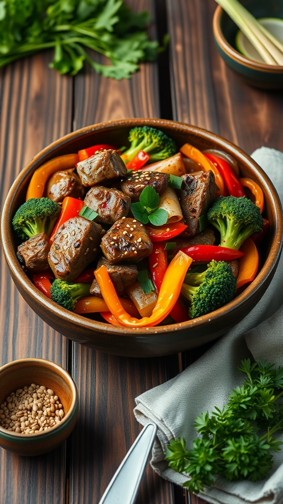 A bowl of steak and broccoli stir-fry with colorful peppers and sesame seeds, set on a wooden table.