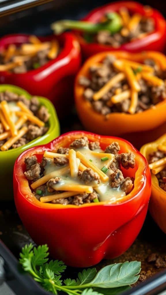 Colorful bell peppers stuffed with ground steak and cheese, ready to be baked.