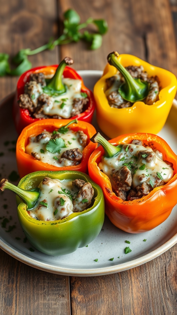 Colorful bell peppers stuffed with seasoned steak and melted cheese on a plate.