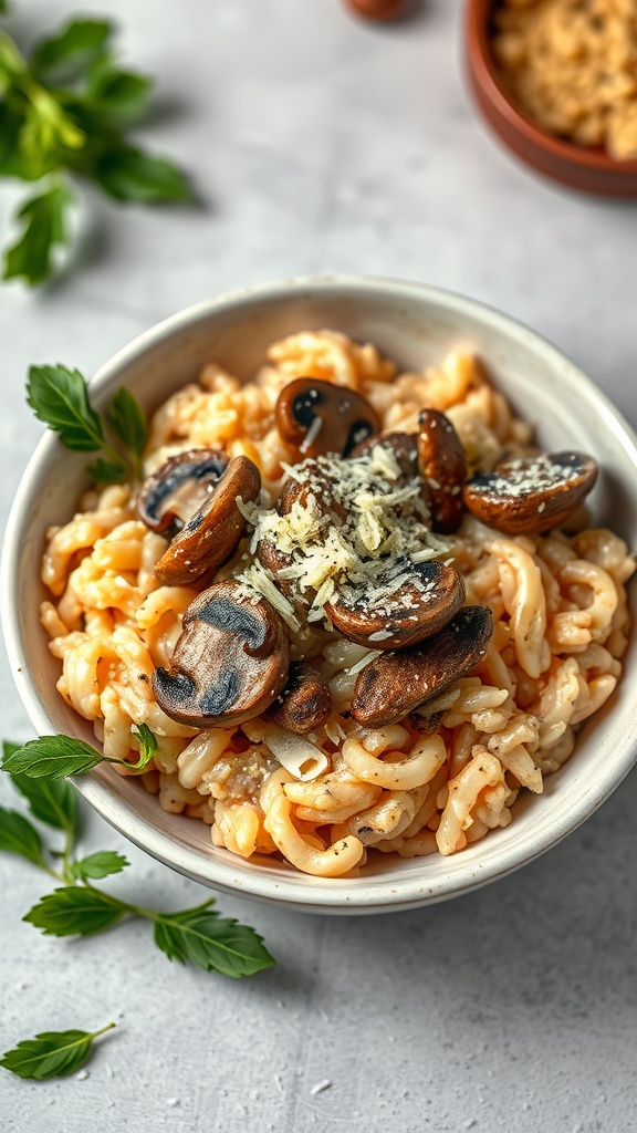 A bowl of steak and mushroom risotto topped with sautéed mushrooms and cheese.
