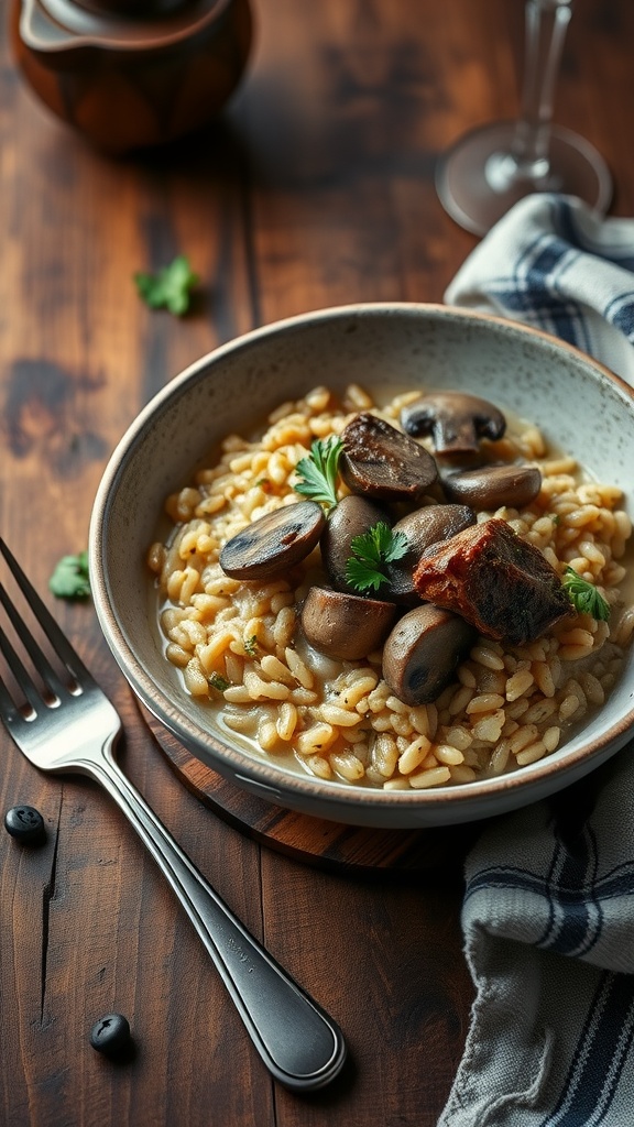 A bowl of creamy steak and mushroom risotto topped with fresh parsley, served on a wooden table with a fork and blueberries nearby.