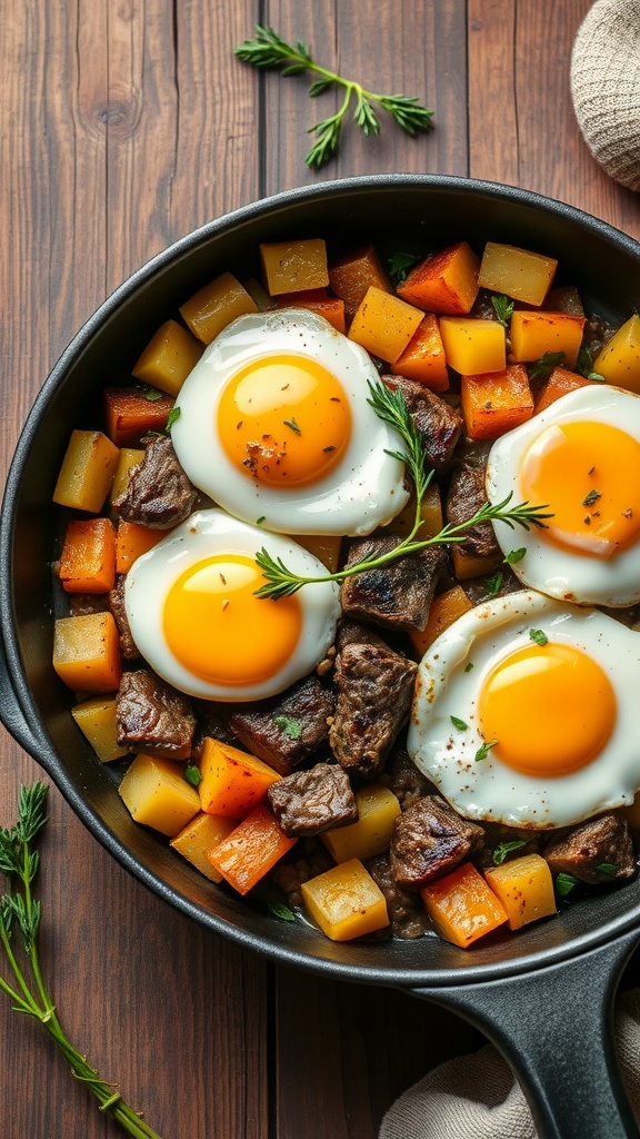 A skillet filled with steak and potato hash topped with sunny-side-up eggs.