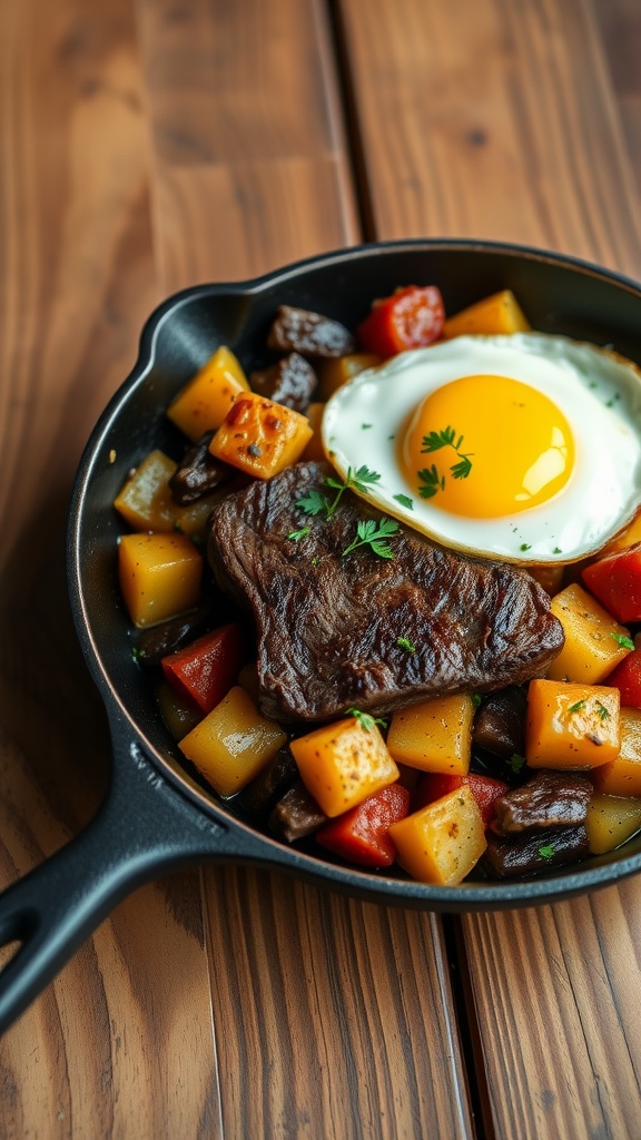 A cast iron skillet filled with steak, diced potatoes, and bell peppers, topped with a fried egg.
