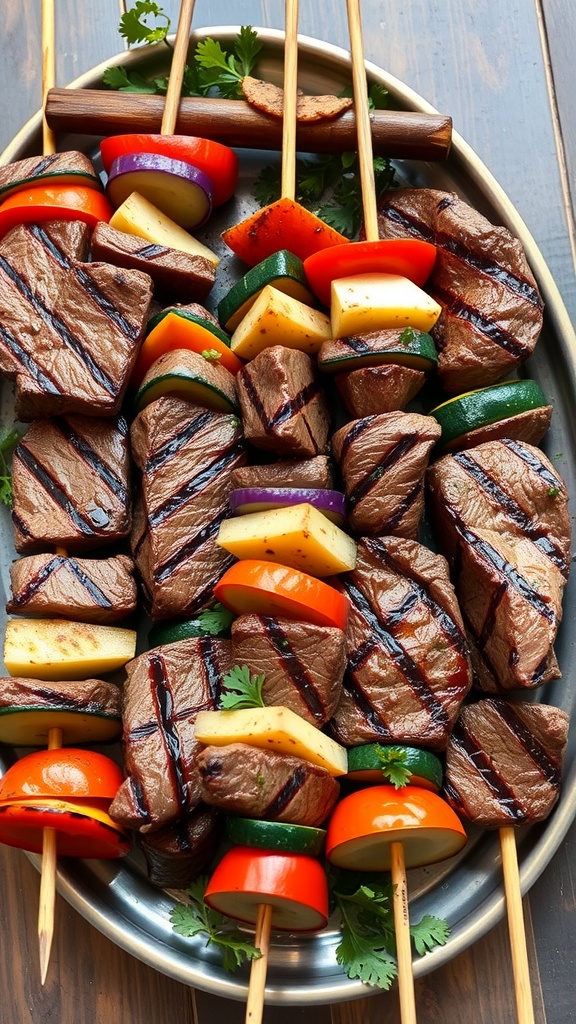 A platter of grilled steak and vegetable skewers arranged on a wooden table.
