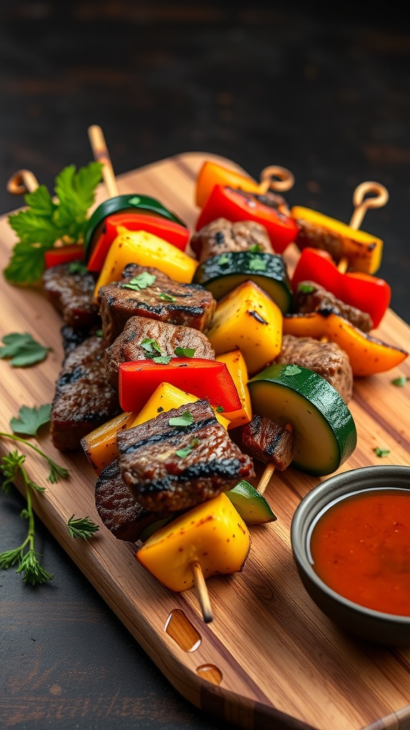 Colorful steak and veggie skewers on a wooden platter with dipping sauce.