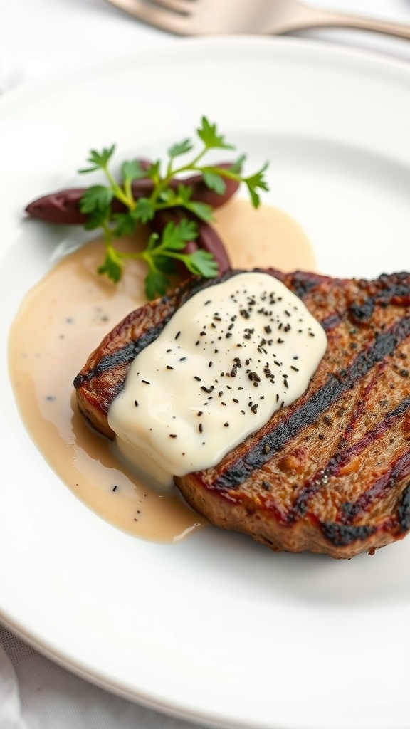 A plate of Steak au Poivre topped with cream sauce, garnished with parsley and served with a side of vegetables.