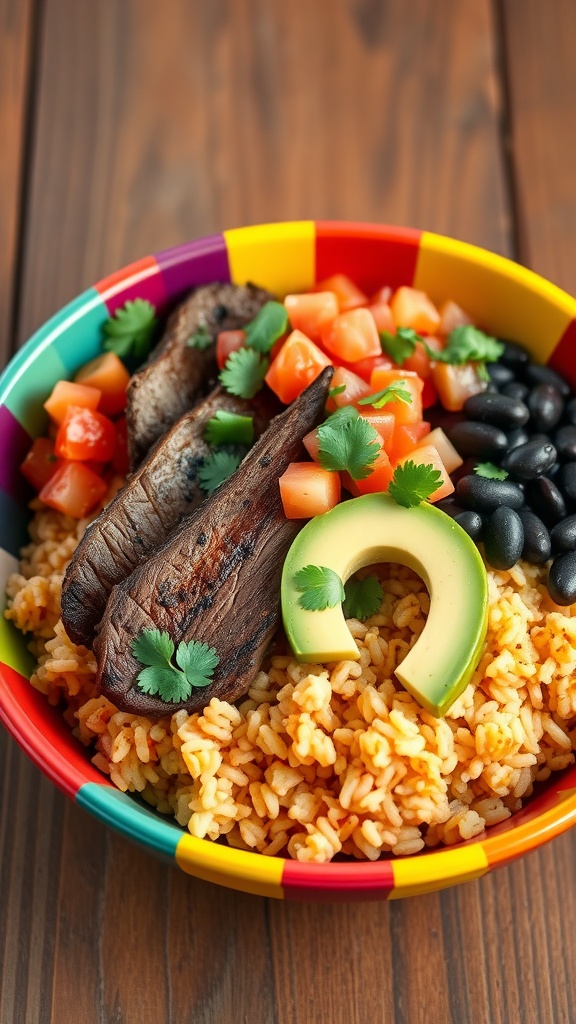 A colorful steak burrito bowl with sliced beef, black beans, avocado, diced tomatoes, cilantro, and a lime wedge.