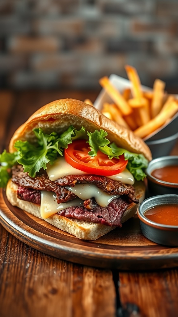 A steak sandwich with lettuce, tomato, and cheese served with fries