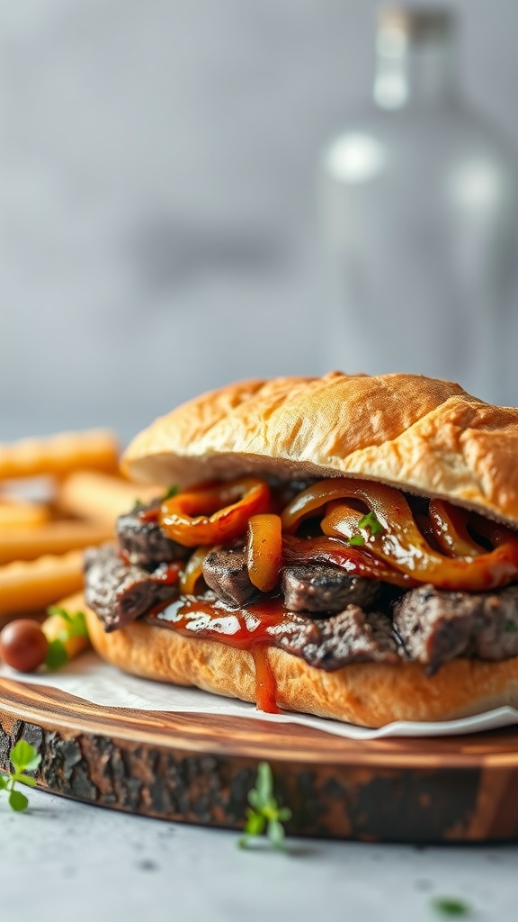 A delicious steak sandwich with caramelized onions, served with fries.