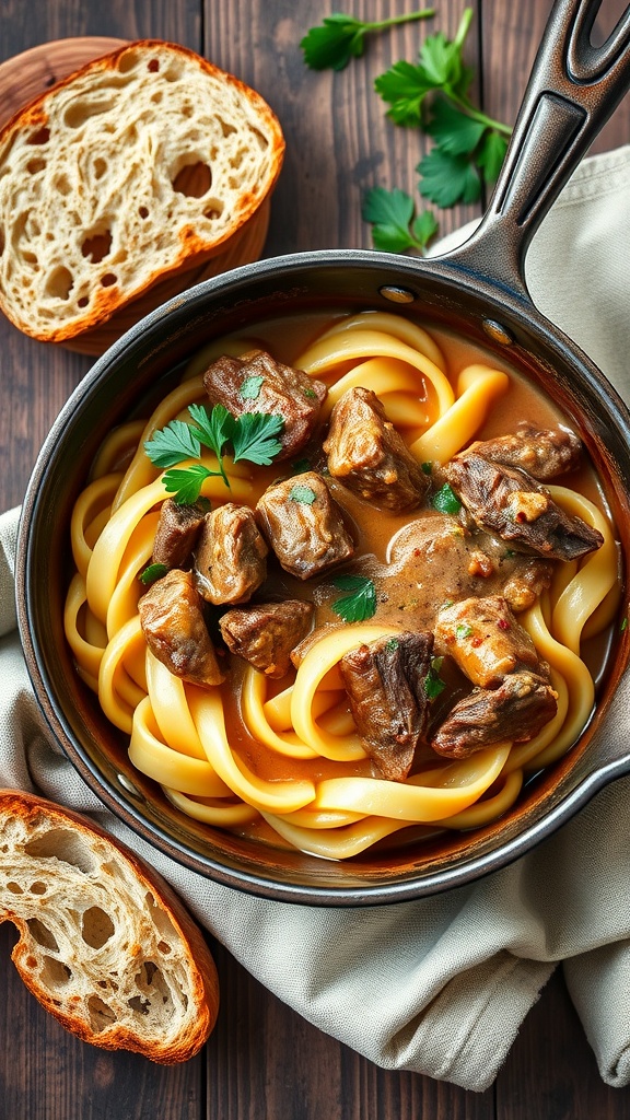 A pot of steak stroganoff with egg noodles, garnished with parsley, and a slice of bread beside it.