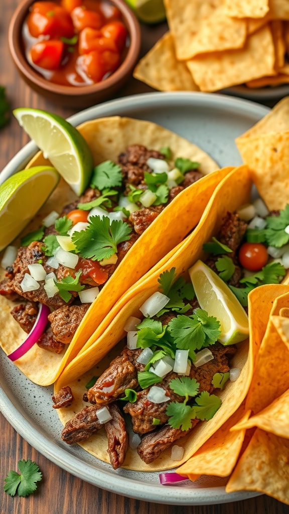 Close-up of steak tacos with lime, cilantro, and salsa on a plate.
