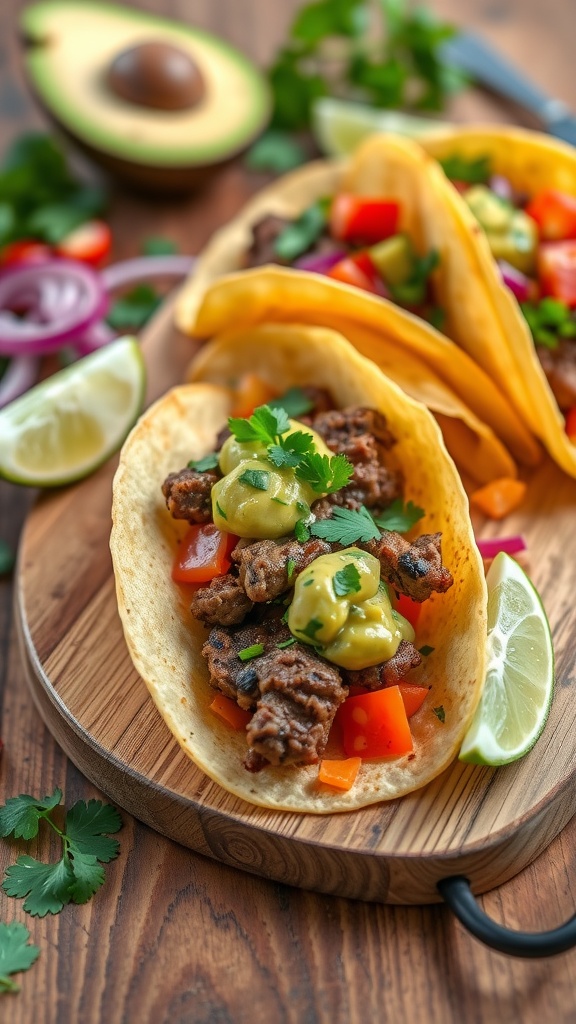 Steak tacos with avocado salsa on a wooden board