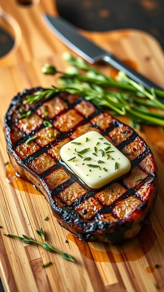 A grilled steak topped with garlic herb compound butter on a wooden cutting board.
