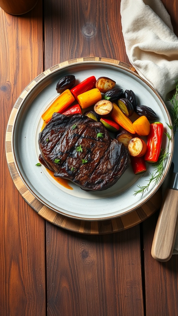 A beautifully cooked steak served with an assortment of roasted vegetables including red and yellow peppers and baby potatoes.
