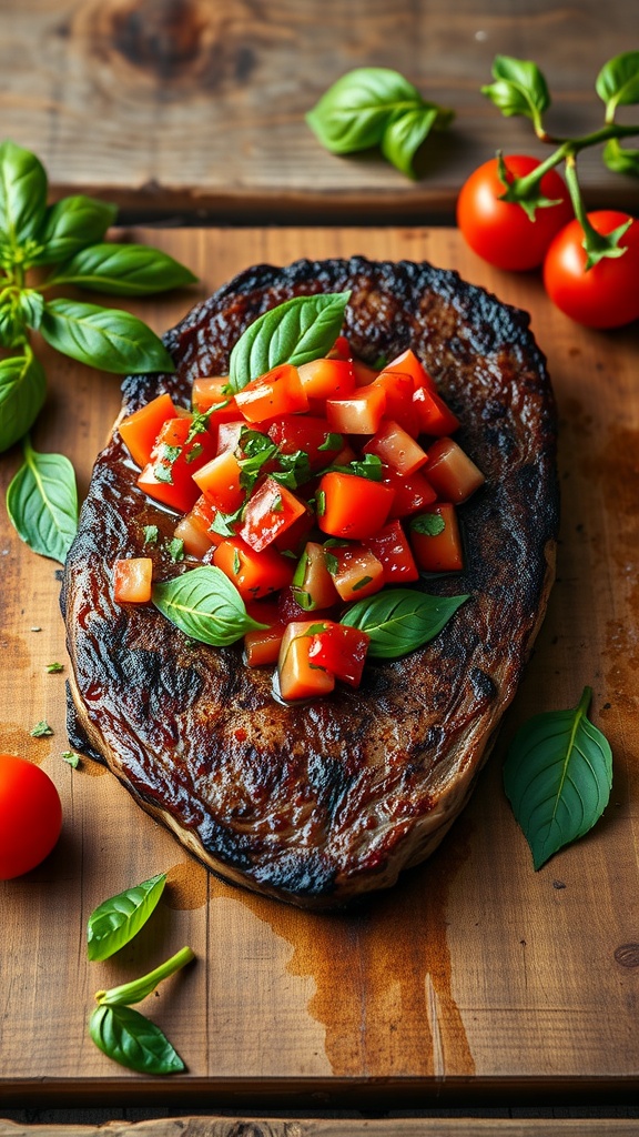 A beautifully grilled steak topped with fresh tomato and basil salsa, garnished with vibrant basil leaves on a wooden board.