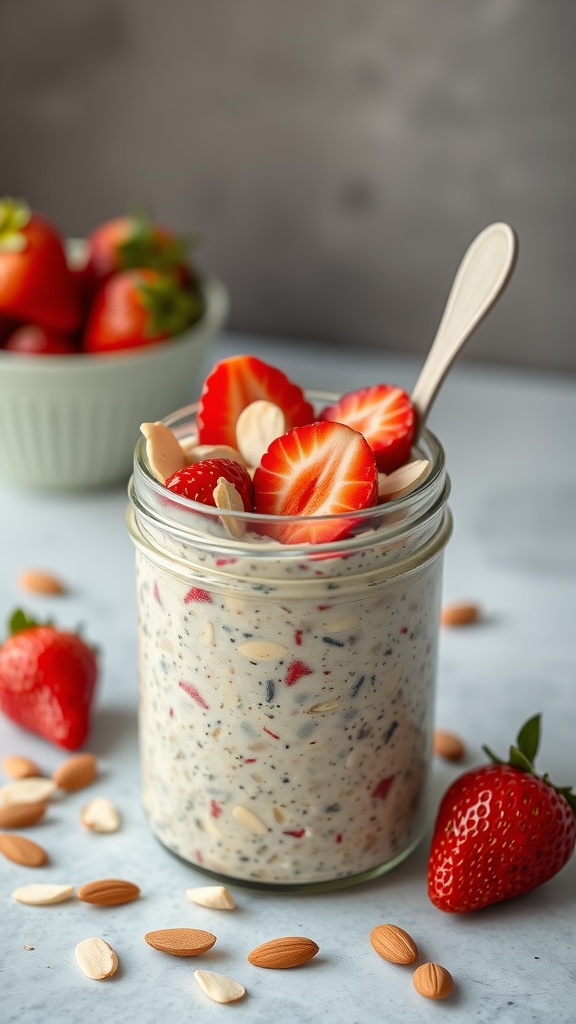 A jar of strawberry almond overnight oats topped with fresh strawberries and almonds, with more strawberries in the background.