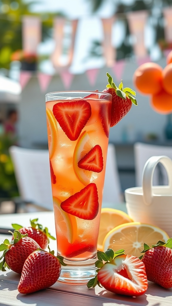 A tall glass of Strawberry Rum Sangria with slices of strawberries and lemons, surrounded by fresh strawberries on a table, set against a sunny outdoor backdrop.