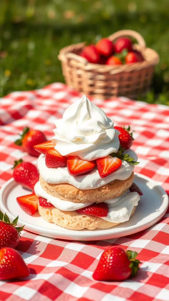 A delicious strawberry shortcake with fresh strawberries and whipped cream on a picnic blanket.