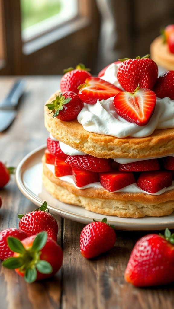 A beautifully layered strawberry shortcake topped with fresh strawberries and whipped cream.