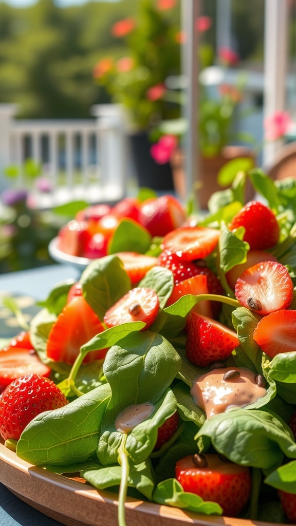A colorful plate of strawberry spinach salad topped with poppy seed dressing.