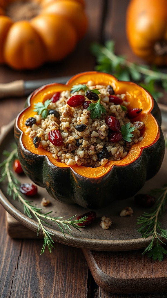 A beautifully stuffed acorn squash filled with grains, nuts, and cranberries, garnished with fresh herbs.
