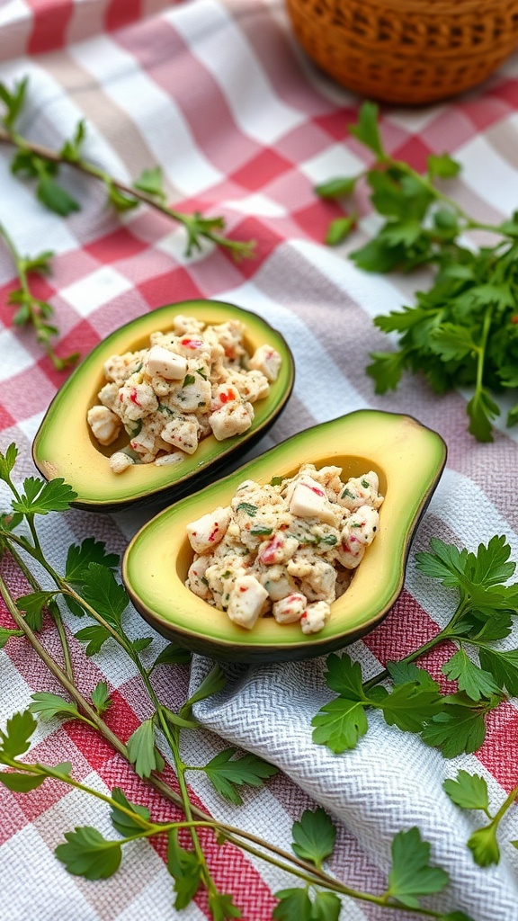 Stuffed avocados with tuna salad, garnished with fresh herbs, on a checkered picnic blanket.