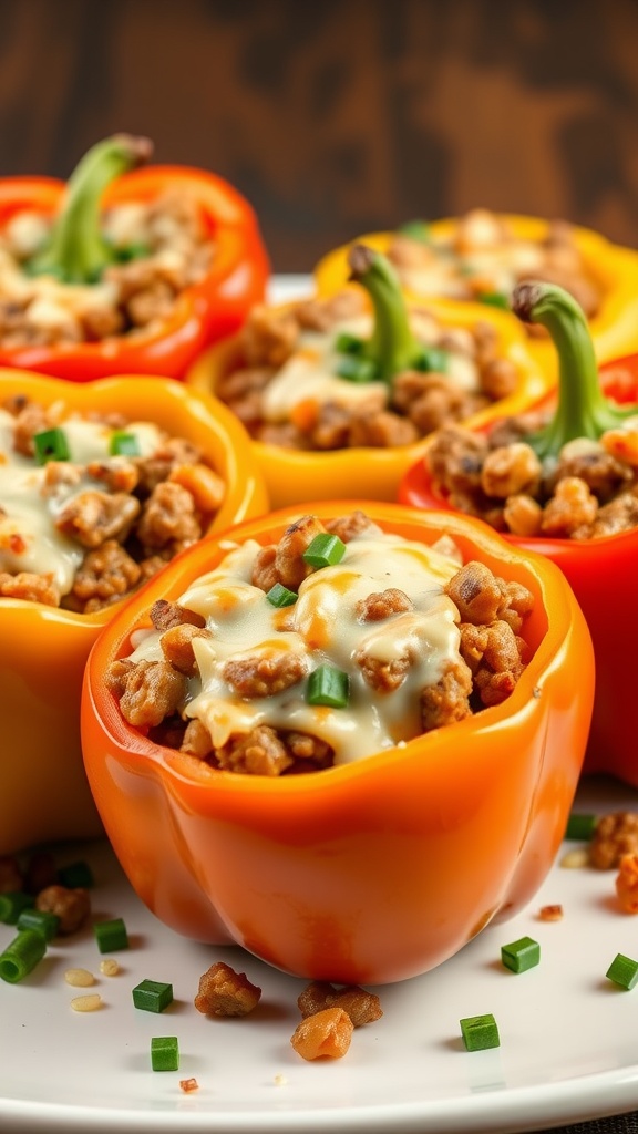 Colorful stuffed bell peppers filled with ground beef, rice, and cheese.