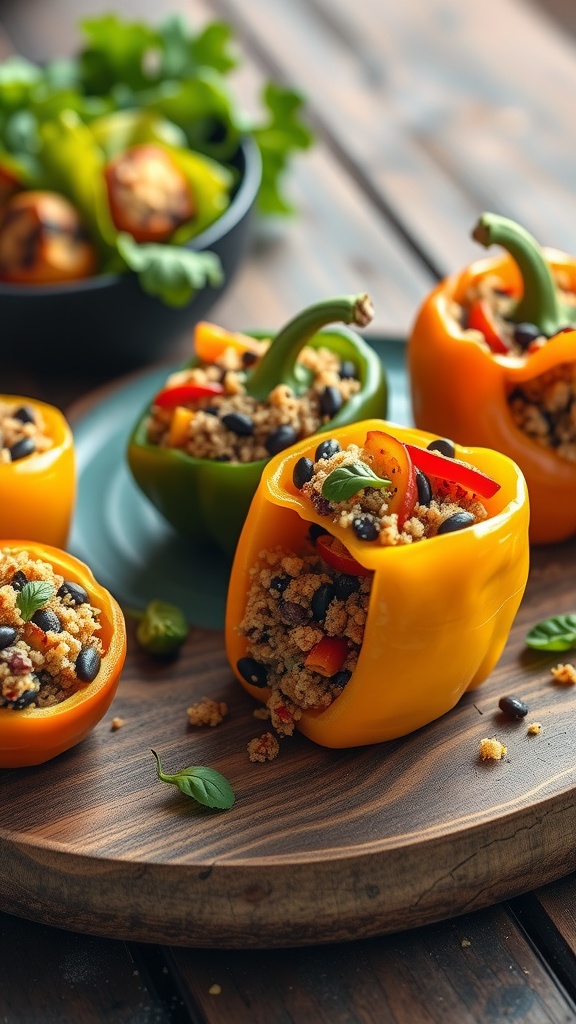 A wooden platter with colorful stuffed bell peppers filled with grains and beans, garnished with herbs.