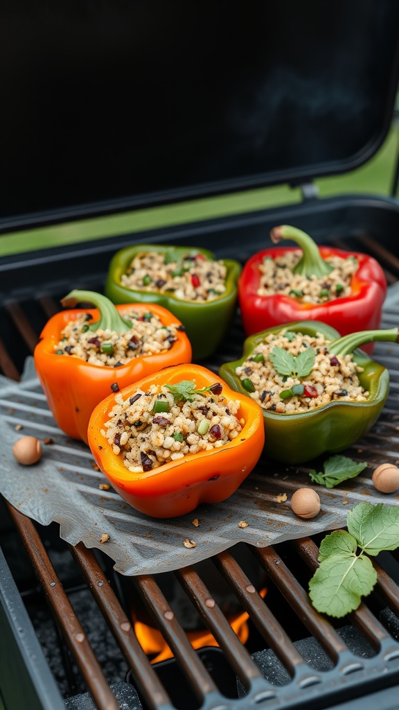 Grilled stuffed bell peppers filled with a mix of grains and vegetables on a grill.