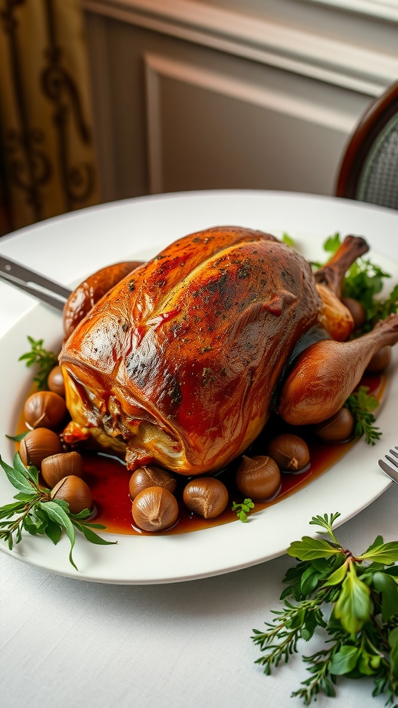 Stuffed duck with chestnuts and herbs on a plate