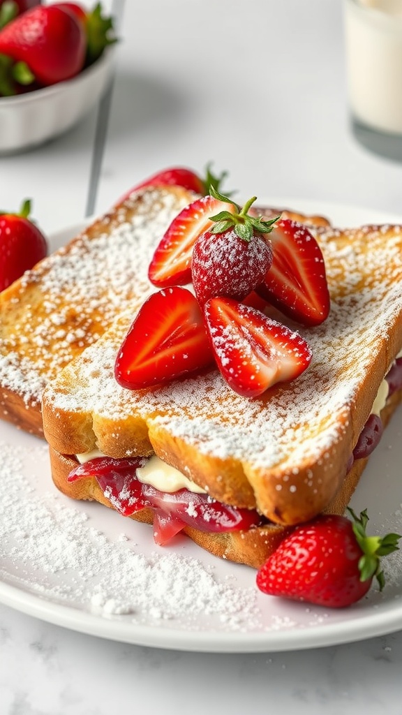 Stuffed French Toast with Cream Cheese topped with strawberries and powdered sugar on a plate.