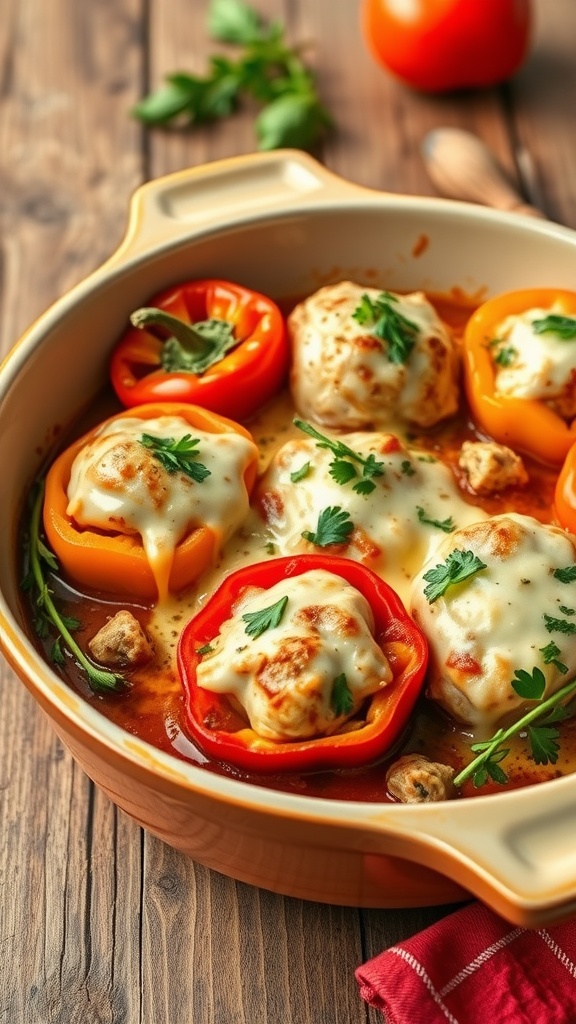 Stuffed Pepper Chicken Casserole in a baking dish with colorful peppers and melted cheese
