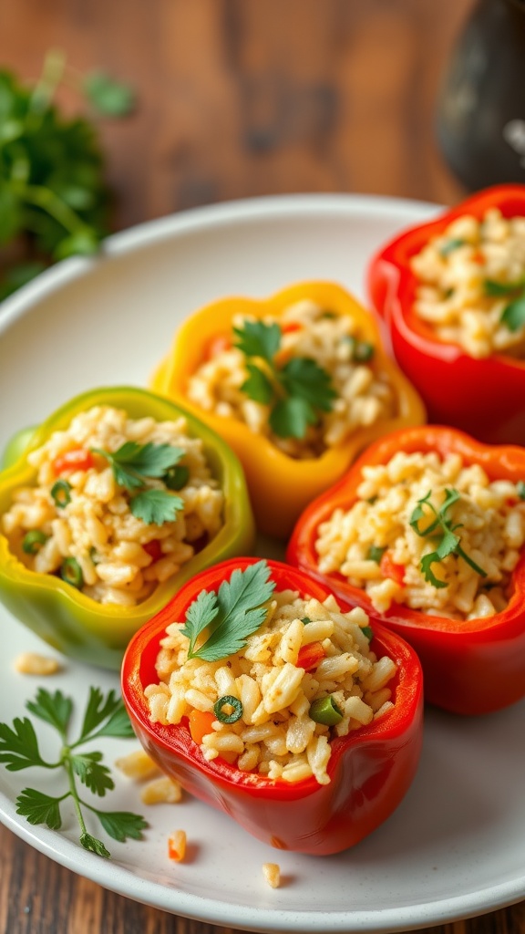 Stuffed peppers filled with rice and vegetables on a plate.