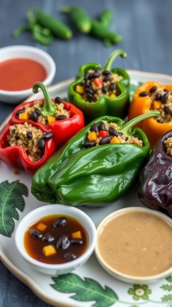 Plate of stuffed poblano peppers with various colorful fillings and dipping sauces.