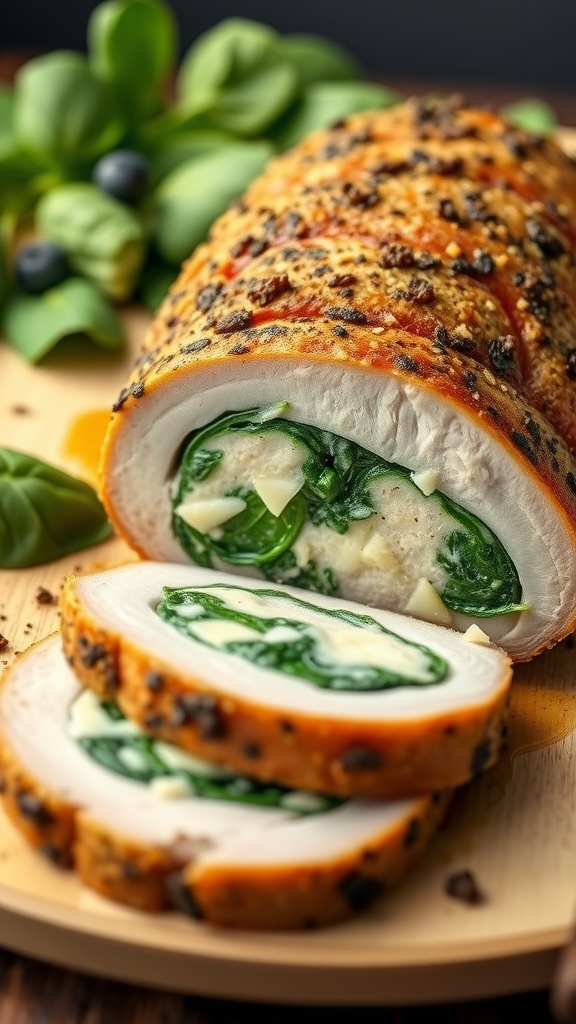 Sliced stuffed pork loin filled with spinach and cheese on a cutting board.