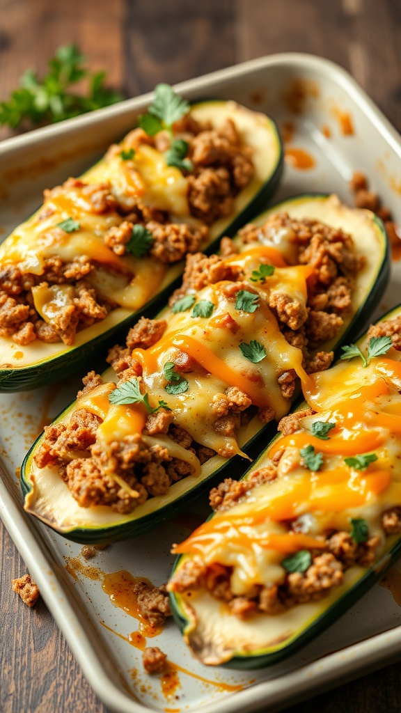 Stuffed zucchini boats filled with ground beef and cheese
