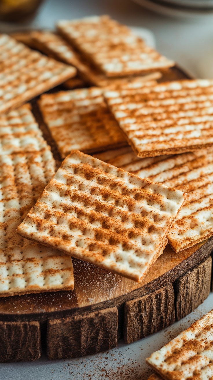 A close-up of Cinnamon Sugar Matzah Crack pieces on a wooden board, showcasing their crunchy texture and cinnamon sugar topping.