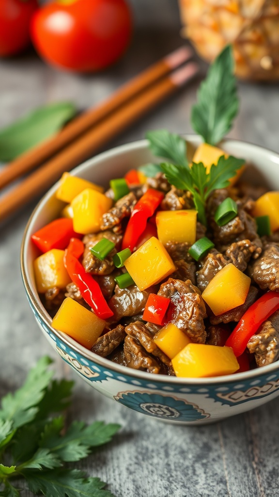 A bowl of sweet and sour chopped beef with colorful vegetables