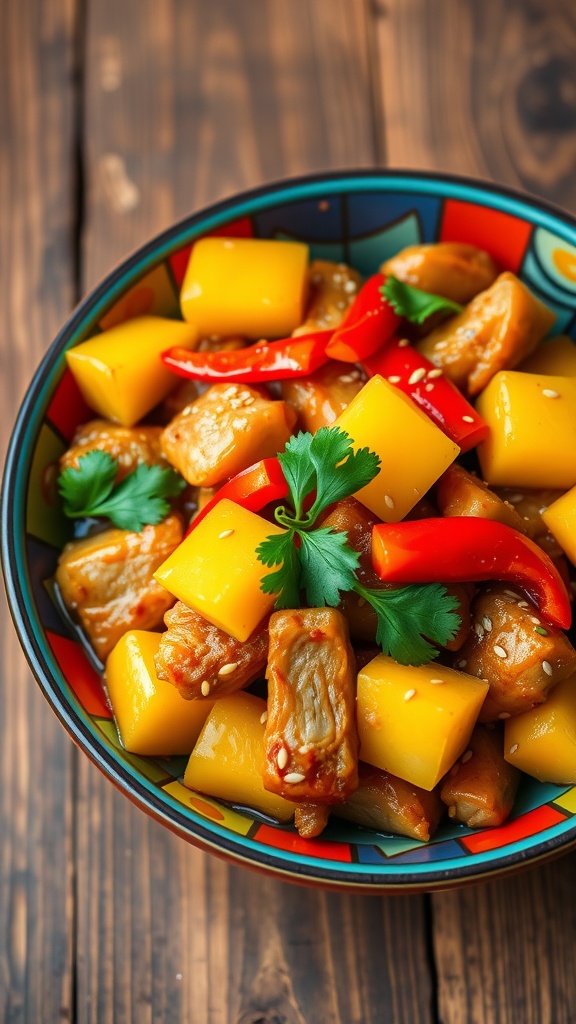 A colorful bowl of sweet and sour pork stir fry with pork, pineapple, bell peppers, and garnished with cilantro.