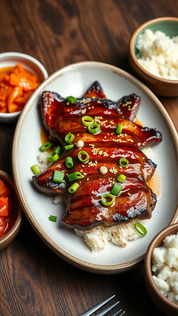 Plate of sweet and spicy Korean BBQ brisket served with rice and garnished with green onions