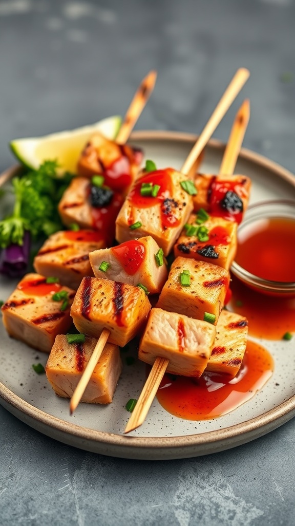 Delicious sweet and spicy tuna skewers served on a plate with sauce and garnishes.