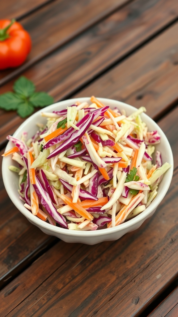 A bowl of vibrant coleslaw featuring purple and green cabbage and carrots on a wooden table.