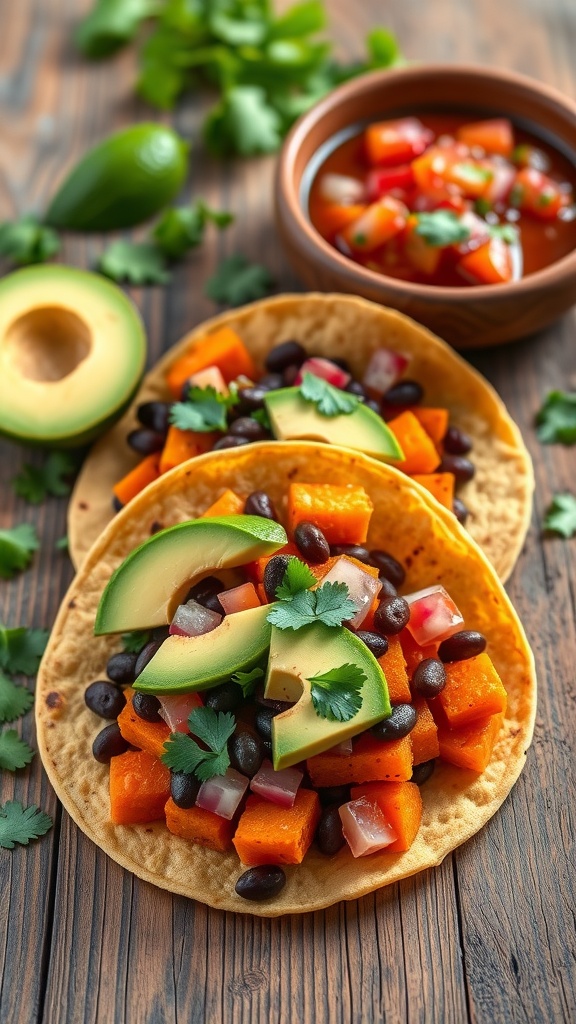 Sweet potato and black bean tacos with avocado and salsa on a wooden table